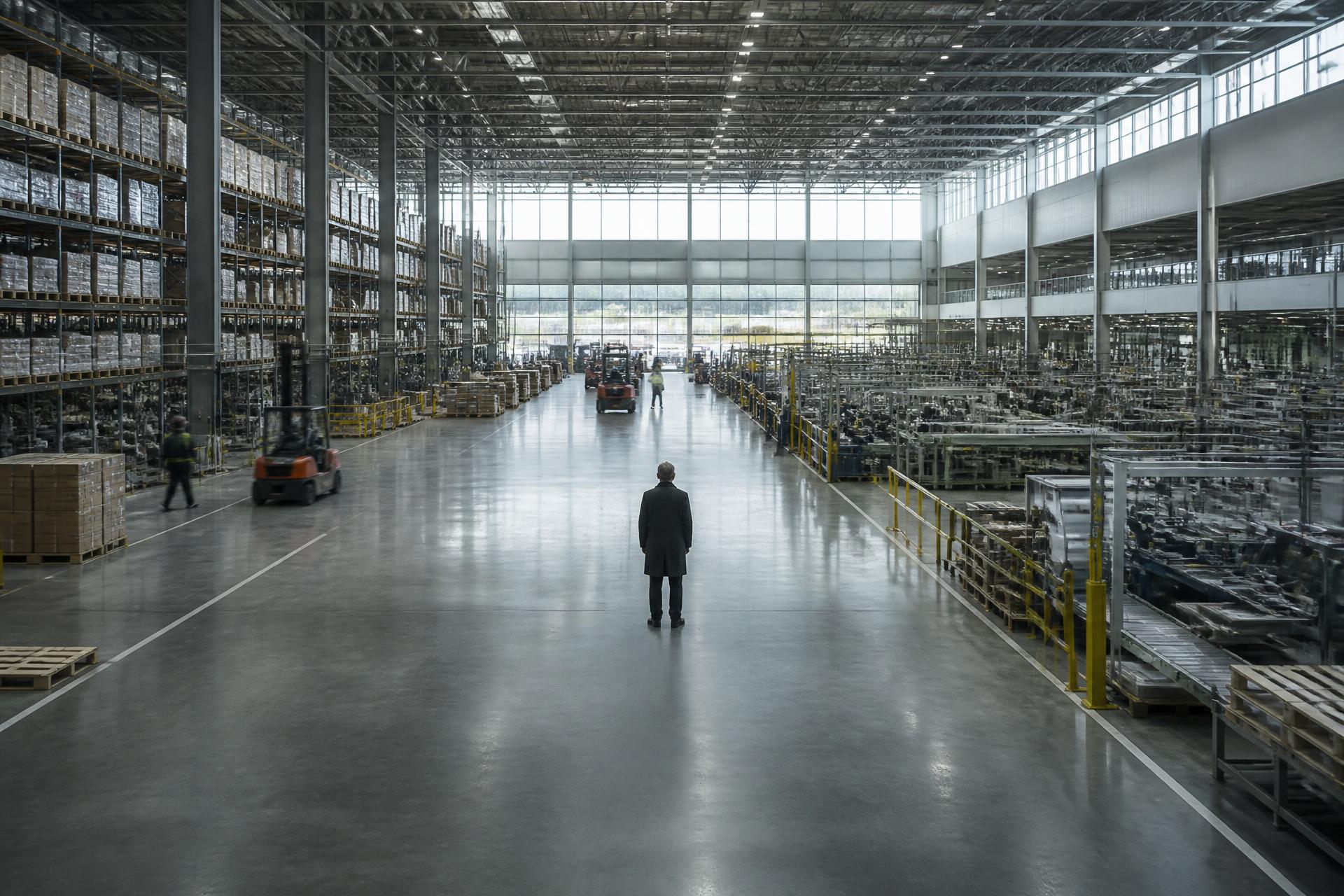 Owner standing far down the main aisle of a vast daylit distribution and production facility with forklifts and workers in motion
