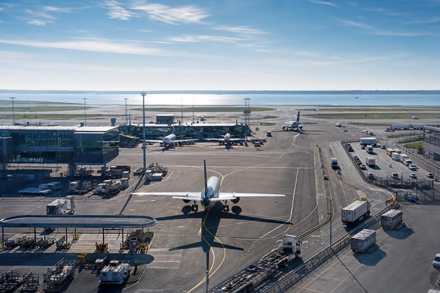 Wide airport and logistics hub with aircraft and freight movement at daylight