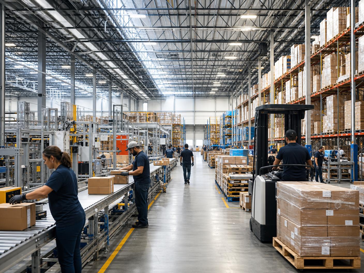 Workers operating a large modern warehouse with deep racking aisles