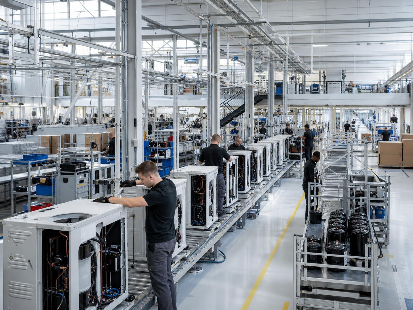 Team overseeing an active production line during a commercial rollout